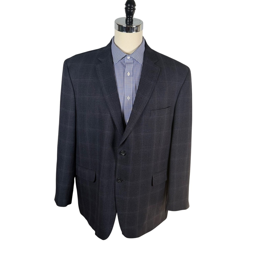 Jones New York Mens 52R Grey Plaid Two Button Blazer Sport Coat Modern Office